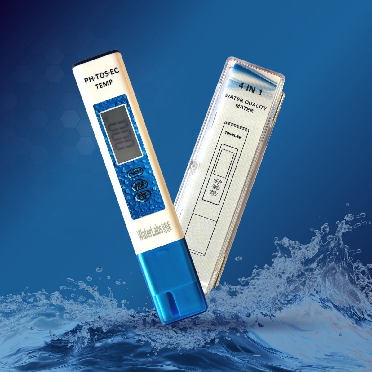 WaterLabs 4-in-1 Digital Water Tester pen device for measuring pH levels, TDS, Electrical Conductivity, and Temperature with a digital display screen