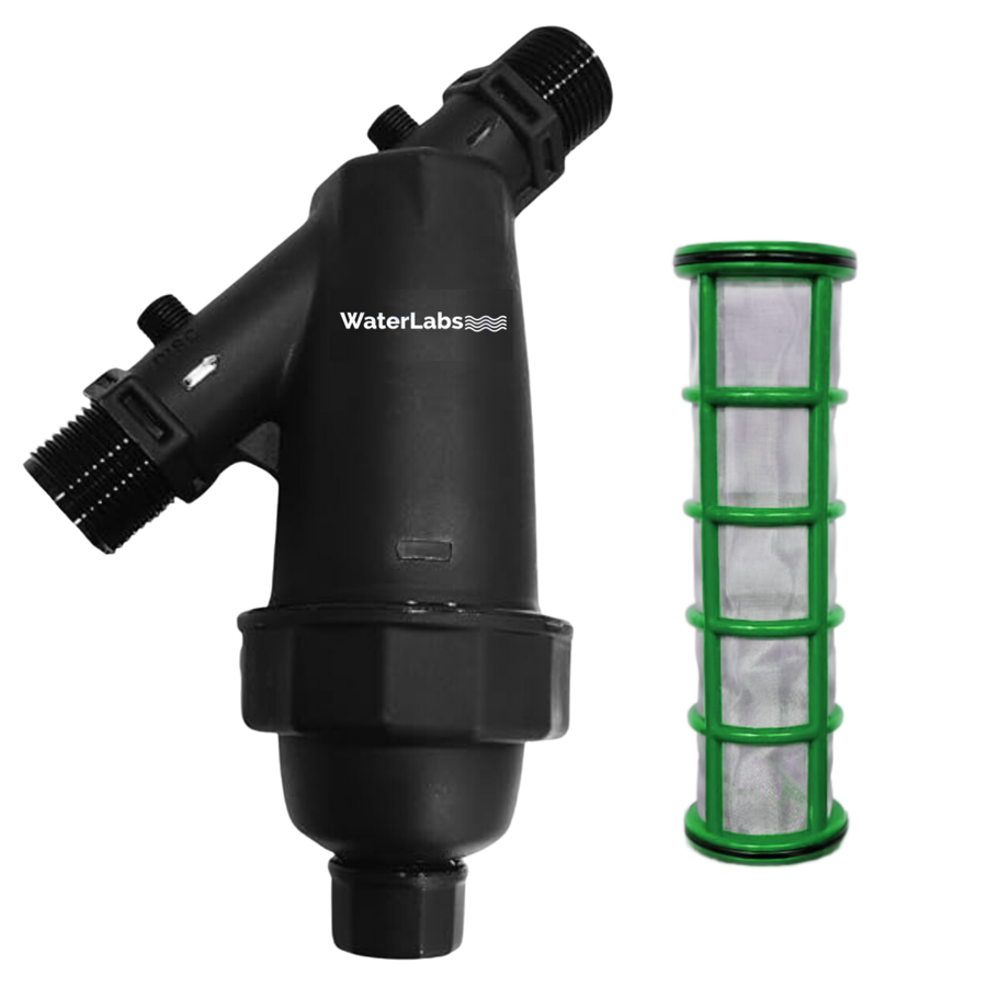 WaterLabs WL0825 1-Inch main line water tank filter housing assembly with a 50-micron green mesh screen cartridge