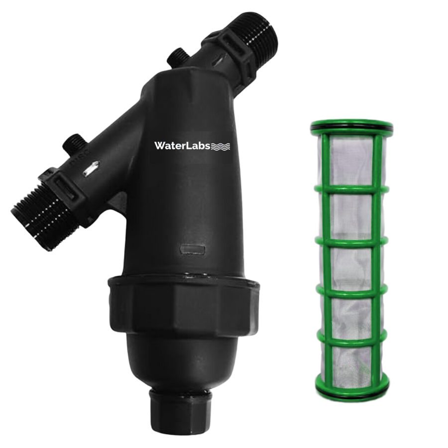 WaterLabs WL0820 3/4-Inch main line water tank filter housing assembly with a 50-micron green mesh screen cartridge