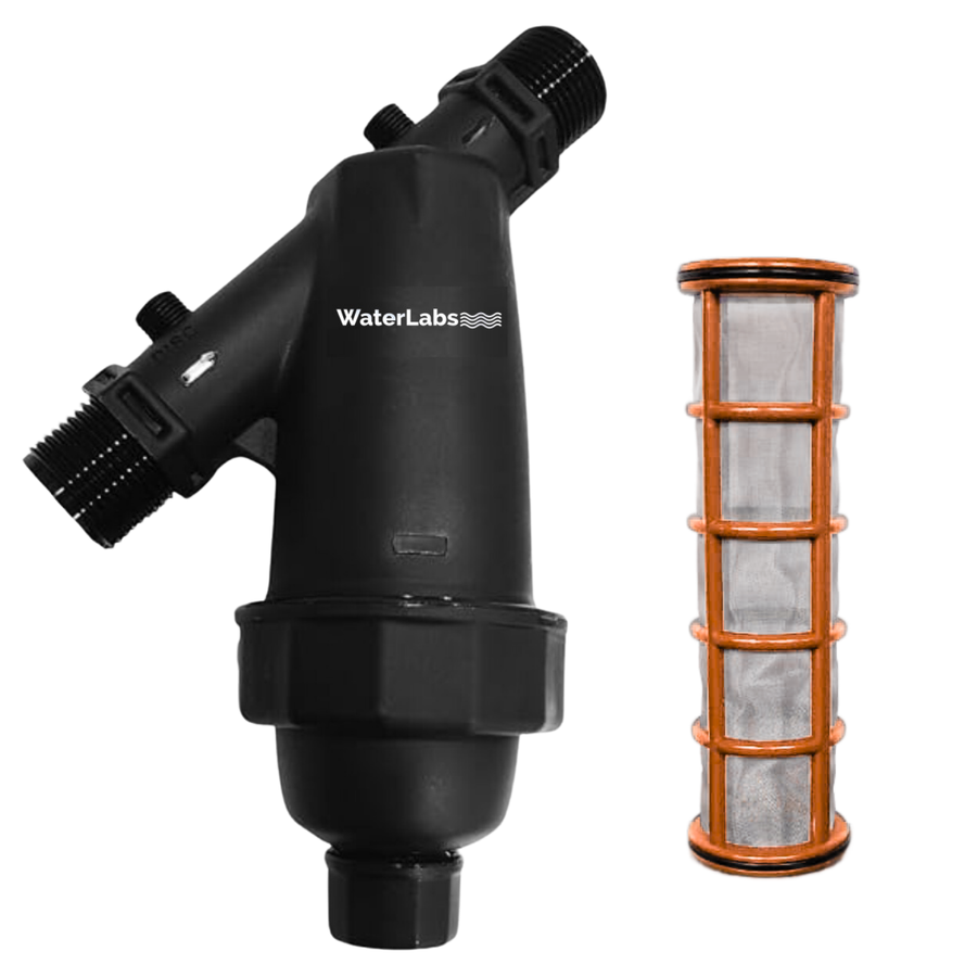 WaterLabs WL0920 3/4-Inch main line water tank filter housing assembly with a 37-micron stainless steel mesh cartridge
