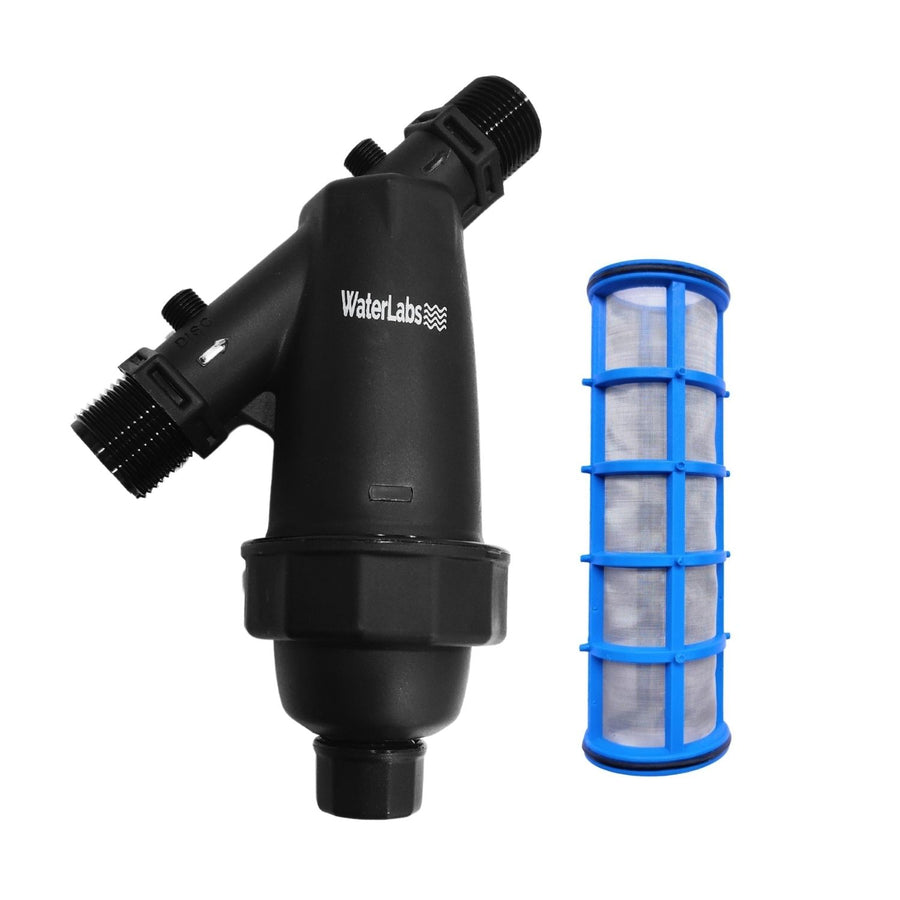 WaterLabs WL0625 1-Inch main line water tank filter housing assembly with a 130-micron blue mesh screen cartridge