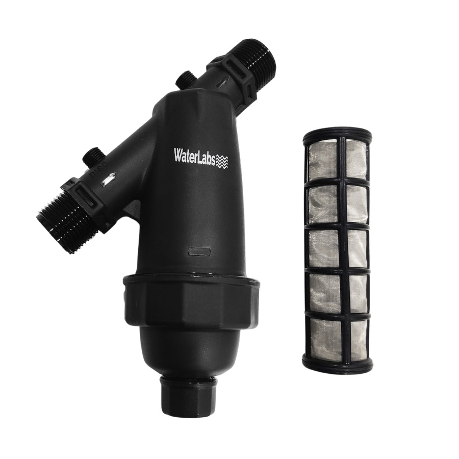 WaterLabs WL0725 1-Inch main line water tank pre-filter housing assembly with a 75-micron black mesh screen cartridge