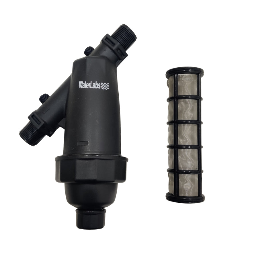 WaterLabs WL0720 3/4-Inch main line water tank pre-filter housing assembly with a 75-micron black mesh screen cartridge