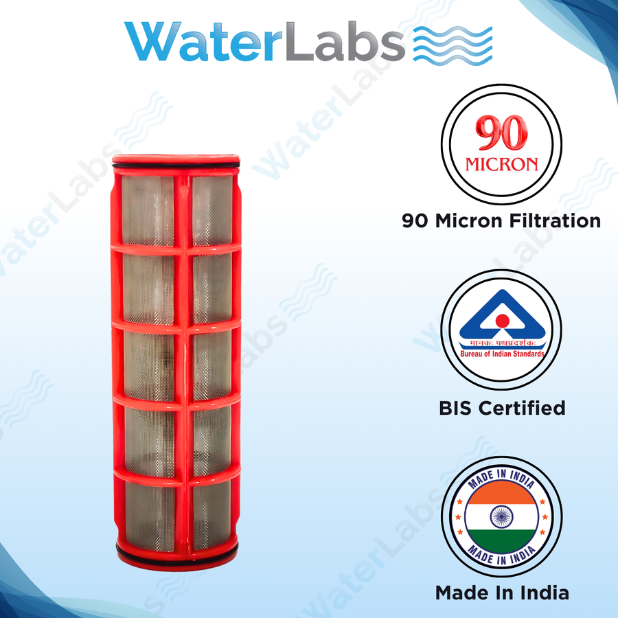 WaterLabs 90-micron stainless steel replacement filter cartridge with BIS certification and Made in India manufacturing seals