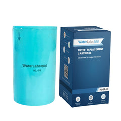 WaterLabs HL-19 15-stage filter replacement cartridge pack showing the light blue cylindrical core next to its retail box packaging