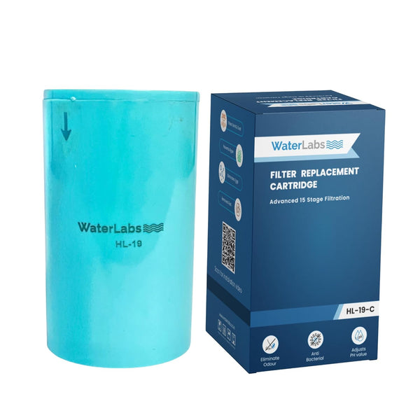 WaterLabs HL-19 15-stage filter replacement cartridge pack showing the light blue cylindrical core next to its retail box packaging