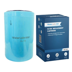 WaterLabs HL-12 replacement filter cartridge pack showing the light blue cylindrical core next to its retail box packaging