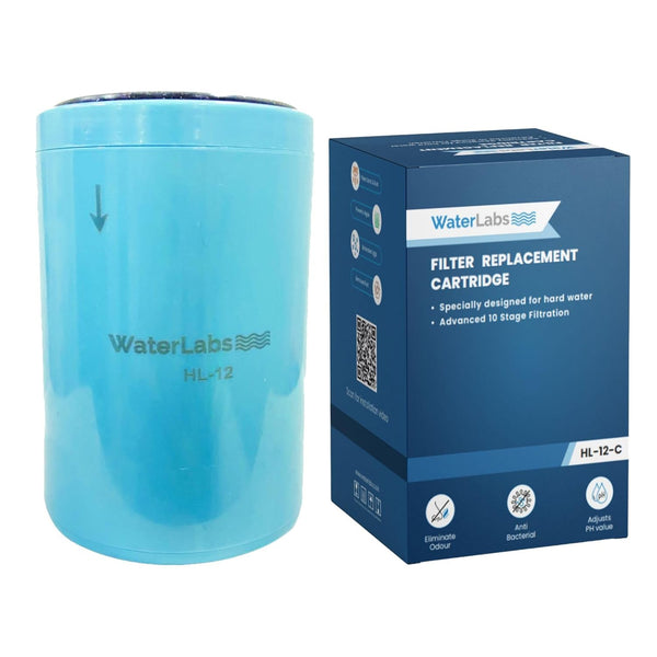 WaterLabs HL-12 replacement filter cartridge pack showing the light blue cylindrical core next to its retail box packaging