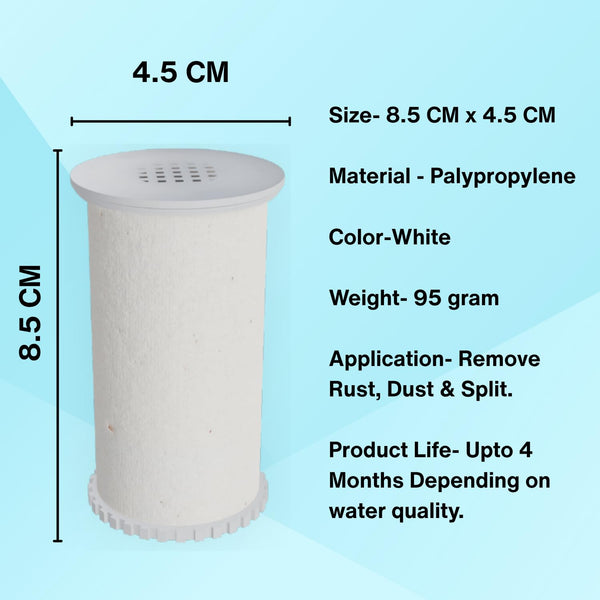 Physical dimensions sizing chart for the white polypropylene washing machine filter cartridge replacement showing its explicit height and width