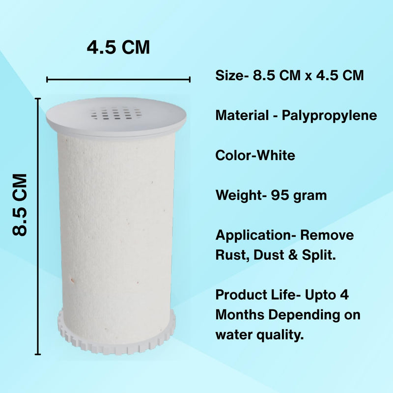 Physical dimensions sizing chart for the white polypropylene washing machine filter cartridge replacement showing its explicit height and width