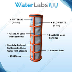 Technical engineering diagram detailing the 400 mesh durable stainless steel screen construction of the replacement cartridge