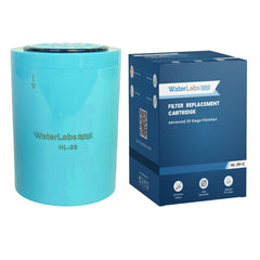 WaterLabs HL-29 20-stage filter replacement cartridge pack showing the light blue cylindrical core next to its retail box packaging