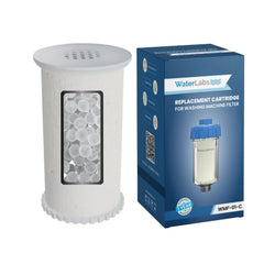 WaterLabs washing machine filter replacement cartridge showing internal antiscalant siliphos spheres next to its retail box packaging