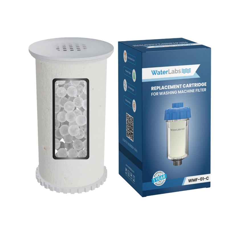 WaterLabs washing machine filter replacement cartridge showing internal antiscalant siliphos spheres next to its retail box packaging