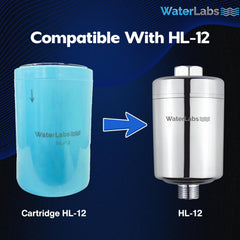 WaterLabs replacement cartridge compatibility diagram showing how the screen element slots inside an HL-12 chrome filter housing