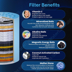 WaterLabs shower filter media properties chart outlining Vitamin C enrichment, alkaline balls, and coconut activated carbon benefits