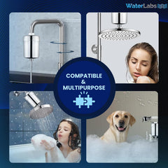 Multi-fixture application grid showing the inline water filter installed on bathroom taps fixed rain showers and hand showers